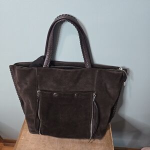 AllSaints Fleur de Lis Tote East West Chocolate Brown Suede Whipstitch Tote Flaw